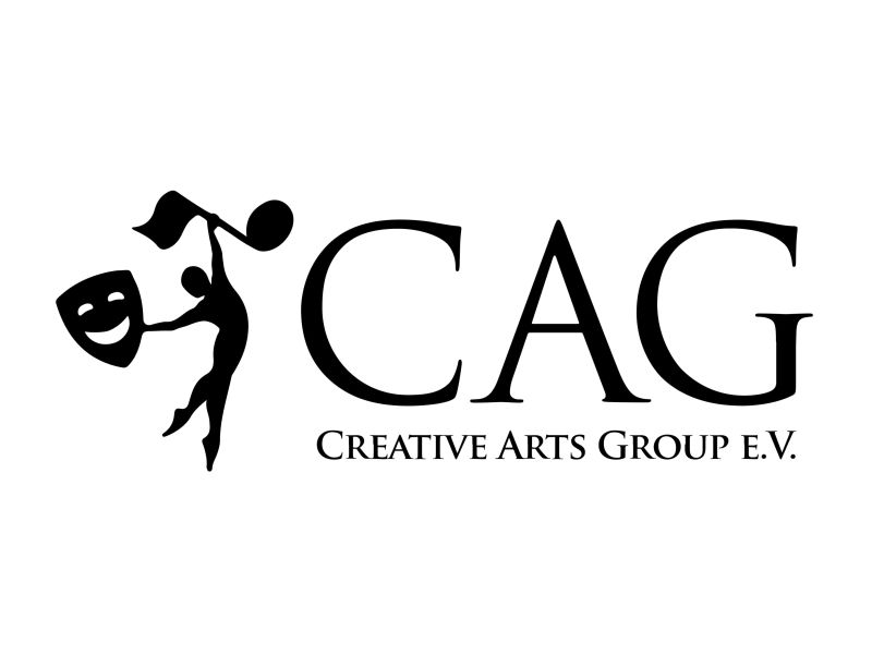 Logo "CAG Creative Arts Group e.V." mit tanzender Figur und Theatermasken-Symbol links.