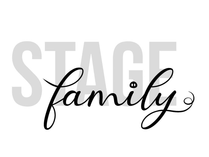 Logo "Stage Family" mit grauem Schriftzug "STAGE" und schwarzer, geschwungener Schrift "family" darüber.