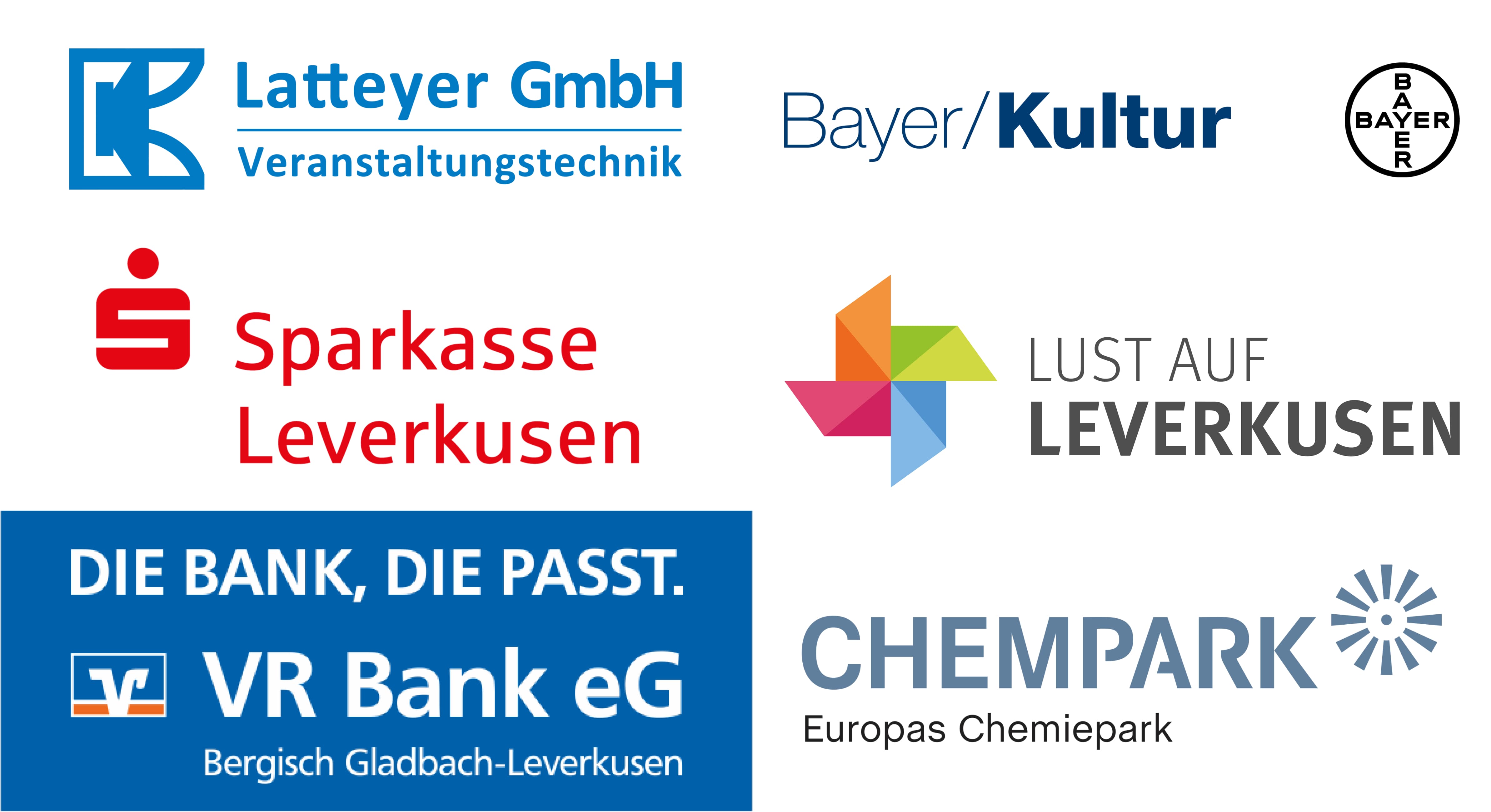 Die Logos der Sponsoren "Latteyer GmbH", "Bayer Kultur", "Sparkasse Leverkusen", "Lust auf Leverkusen", "VR Bank eG" und "Chempark"