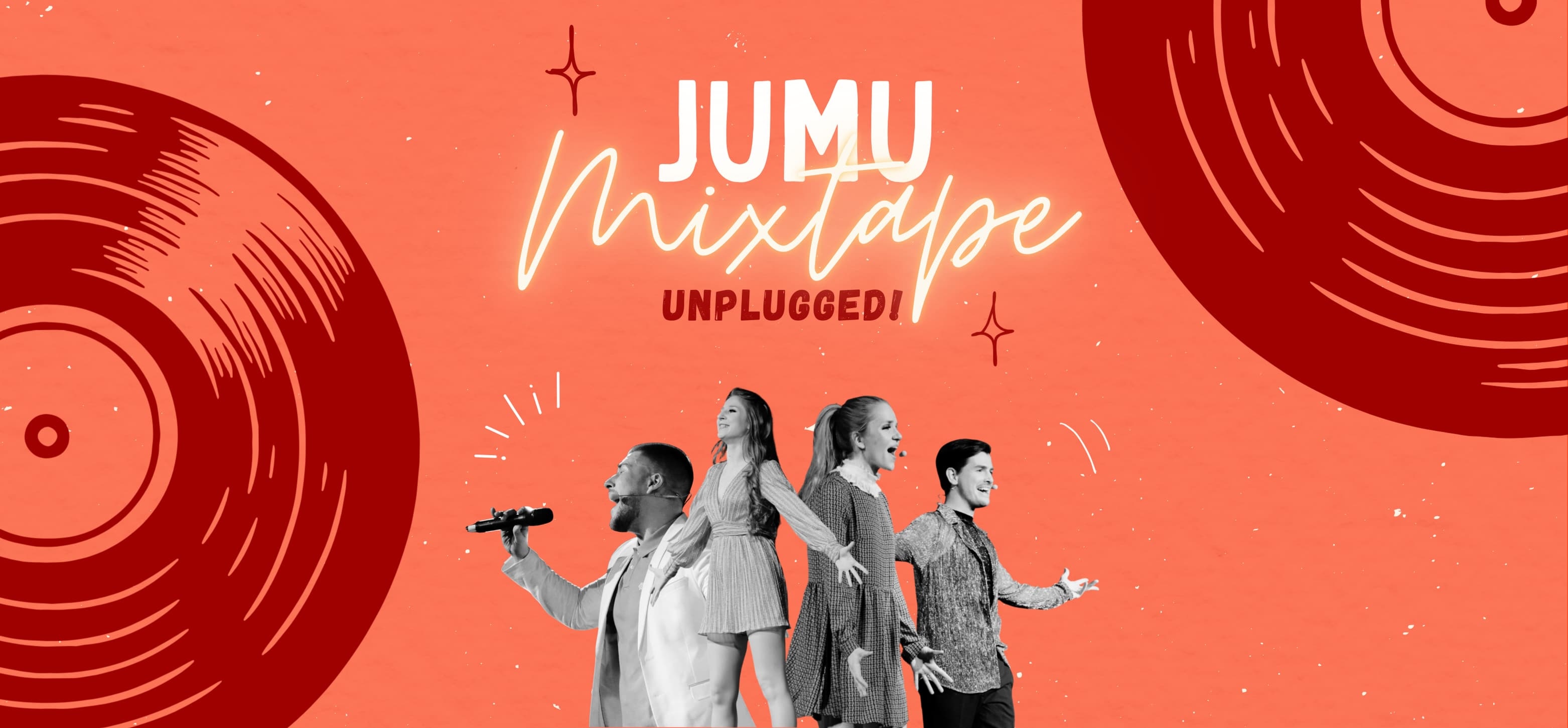 Plakat in Orange mit roten Schallplatten-Motiven, Schriftzug "JUMU Mixtape Unplugged" und vier singenden Personen.