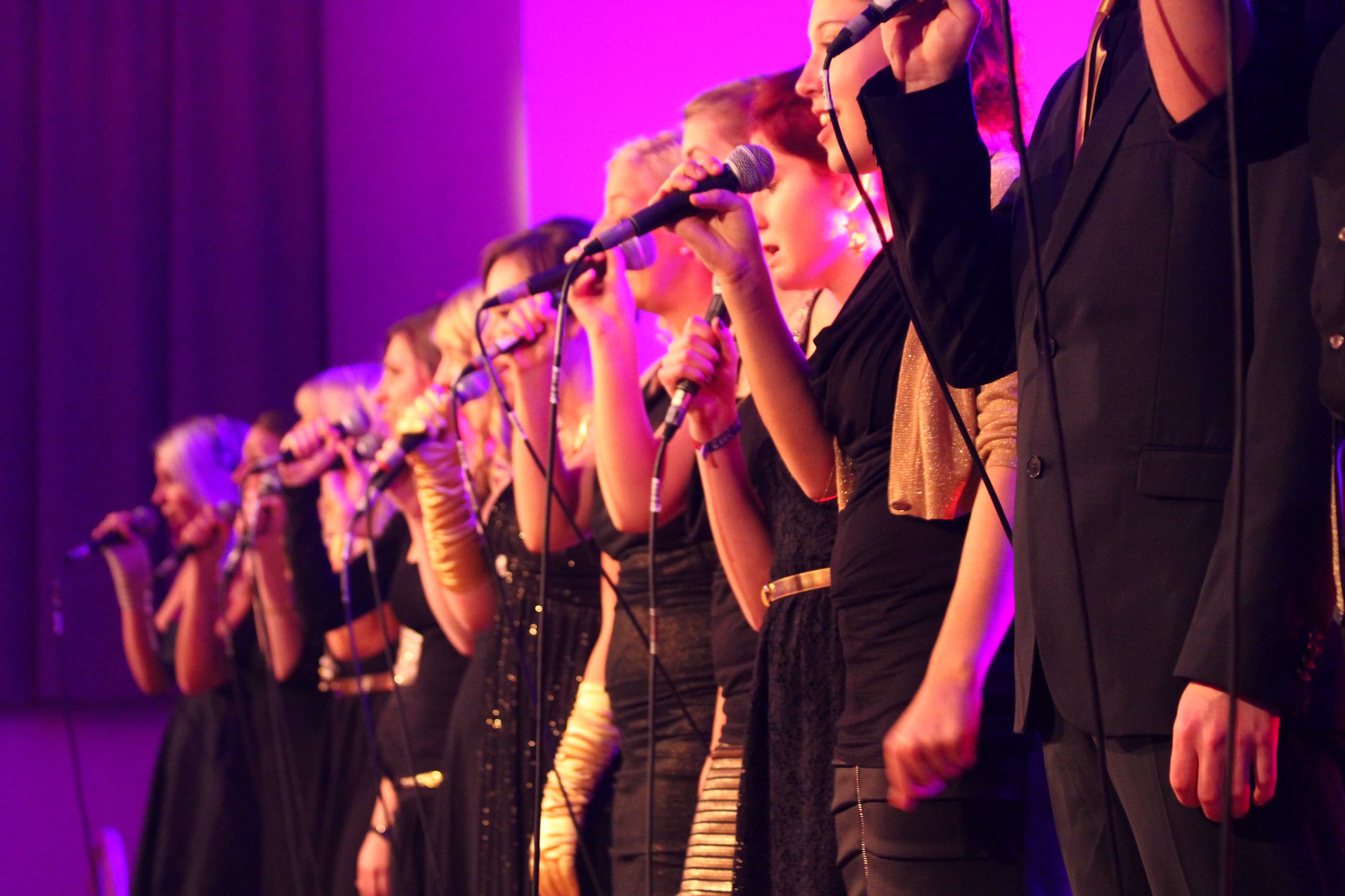Mehrere Darstellende stehen nebeneinander mit einem Mikrofon in der Hand. Sie sind im Körperprofil zu sehen.