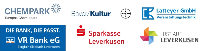 Die Logos der Sponsoren "Latteyer GmbH", "Bayer Kultur", "Sparkasse Leverkusen", "Lust auf Leverkusen", "VR Bank eG" und "Chempark"