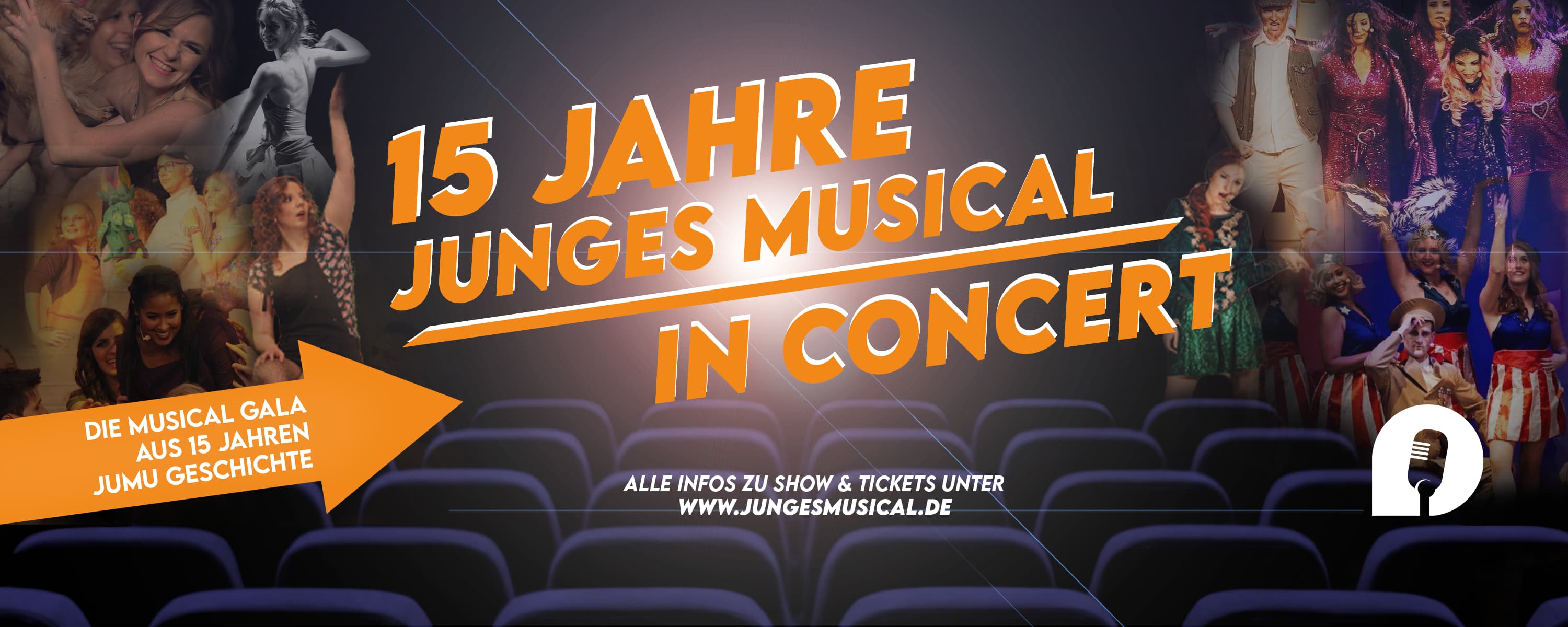 Grafik mit dem Text "15 Jahre Junges Musical Leverkusen". Auf der linken Seite ist ein Untertitel "Die Musical Gala aus 15 Jahren JuMu Geschichte" zu sehen. Am unteren Rand steht: "Alle Infos zu Show & Tickets unter www.jungesmusical.de". Im Hintergrund sind Bilder aus vergangen Shows zu sehen.
