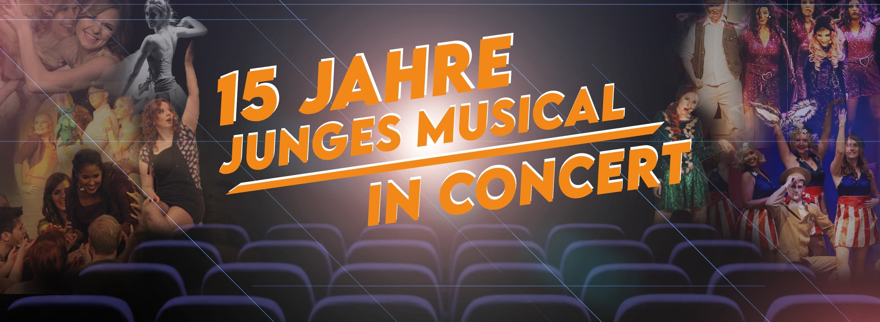 Grafik mit dem Text "15 Jahre Junges Musical Leverkusen". Auf der linken Seite ist ein Untertitel "Die Musical Gala aus 15 Jahren JuMu Geschichte" zu sehen. Am unteren Rand steht: "Alle Infos zu Show & Tickets unter www.jungesmusical.de". Im Hintergrund sind Bilder aus vergangen Shows zu sehen.